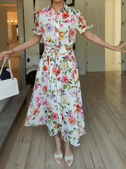 Floral Print Short Sleeve Belted Dress