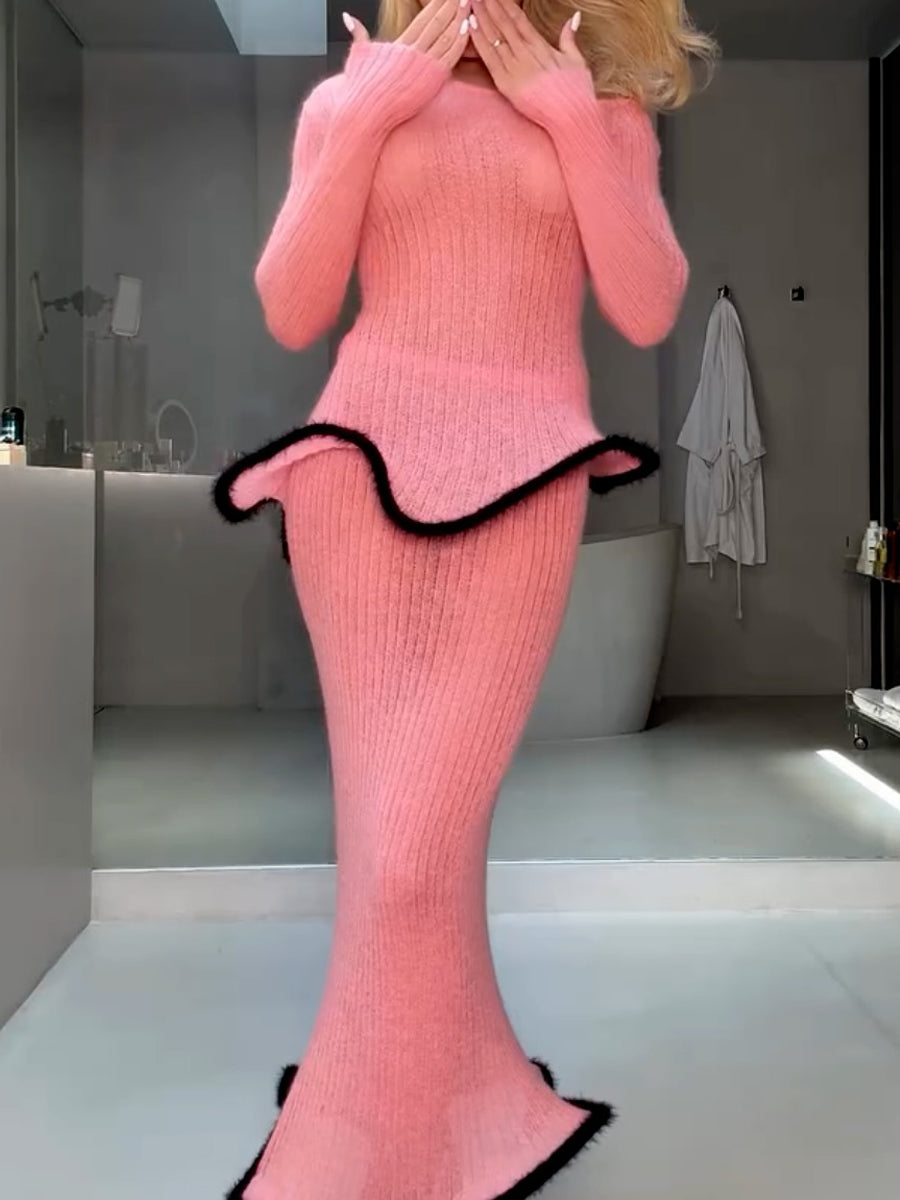 Sexy Irregular Hem Knit Sweater Two Pieces Dress