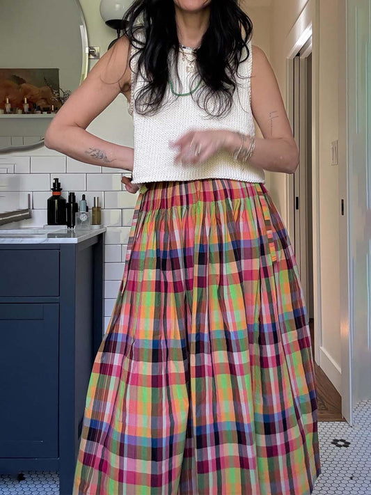 Pleated Check Cotton Skirt