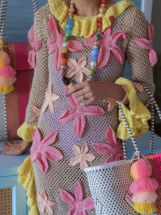 Knitted 3D Flower Slit Hem Beach Dress