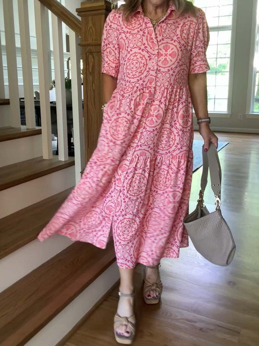 Printed Short Sleeve Tiered Shirtdress