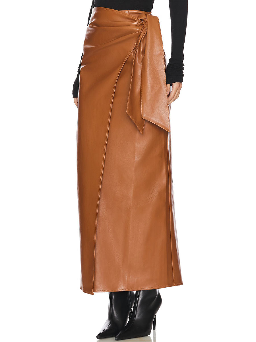 Side Drape Waist Tie Accent PU Skirts