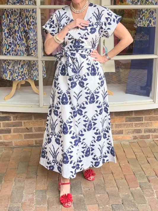 Printed V-neck Belted Maxi Dress