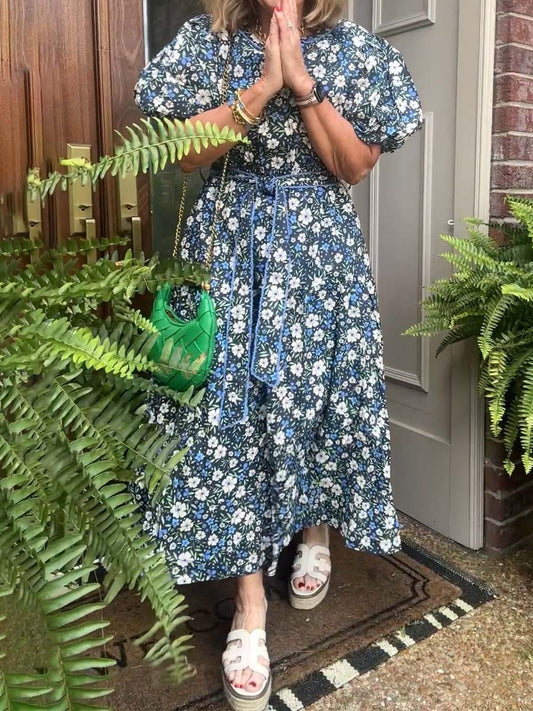 Floral Print Band Collar Belted Dress