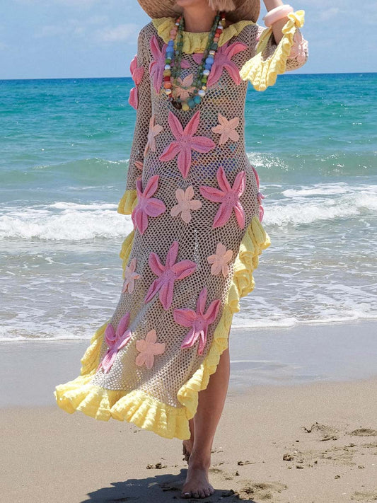 Knitted 3D Flower Slit Hem Beach Dress