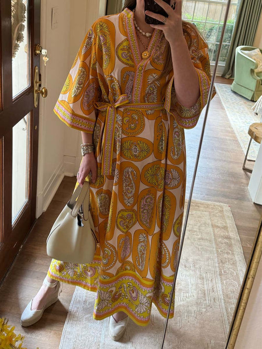 Printed Belted V Neck Maxi Dress