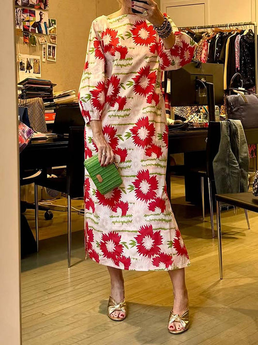 Printed Long Sleeve Slit Hem Dress