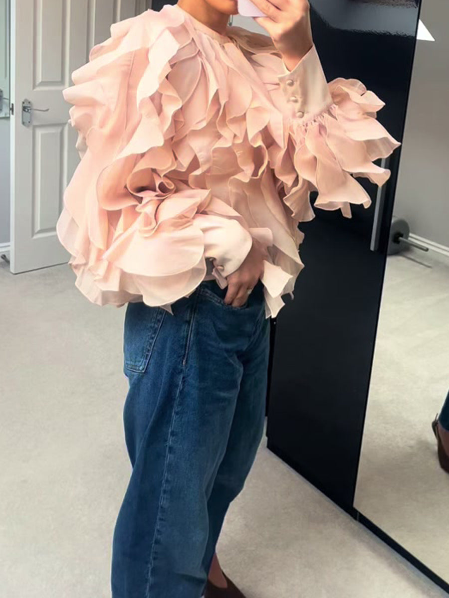 See-through Flouced Long Sleeve Blouse