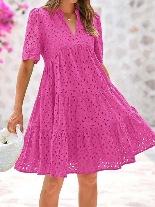 V-neck Hollow-out Embroidered Dress