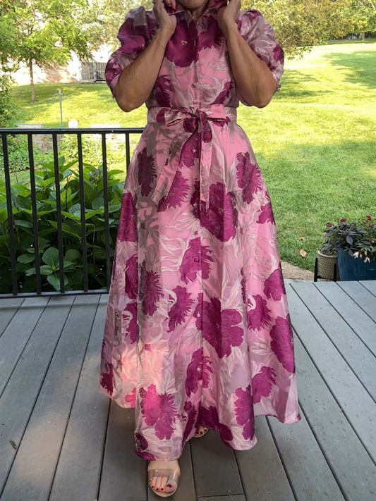 Elegant Printed Short Sleeve Belted Dress