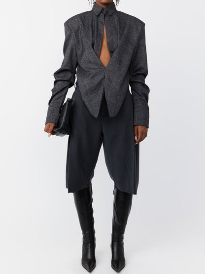 Plunging Neck Shoulder Padding Shirt