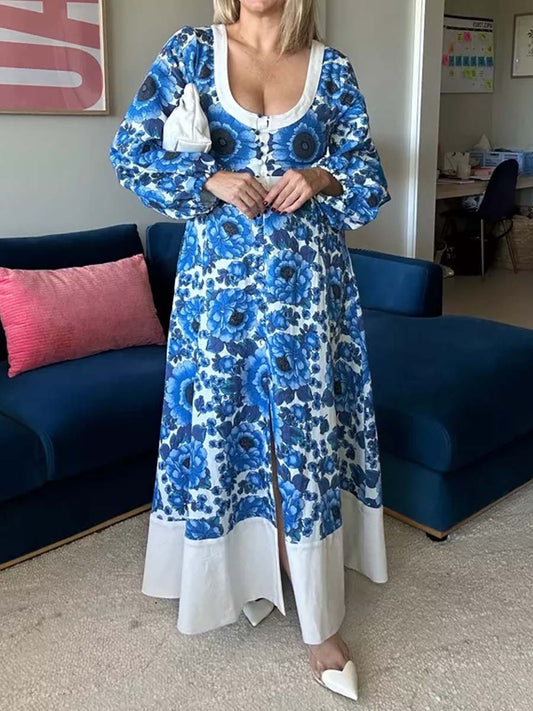 Scoop Neck Long Sleeve Printed Maxi Dress