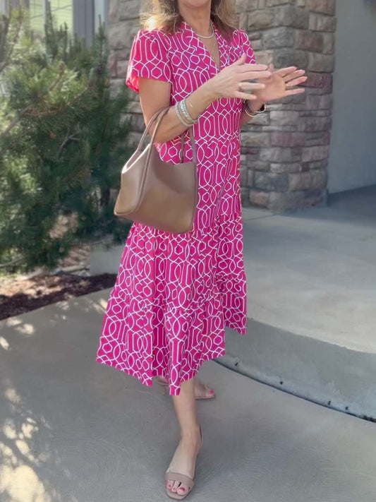 Printed V Neck Short Sleeve Dress