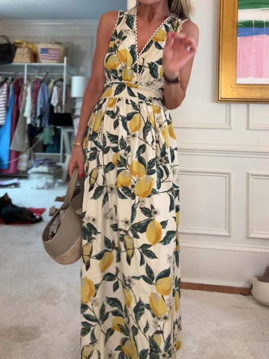 Printed V Neck Sleeveless Elastic Waist Dress