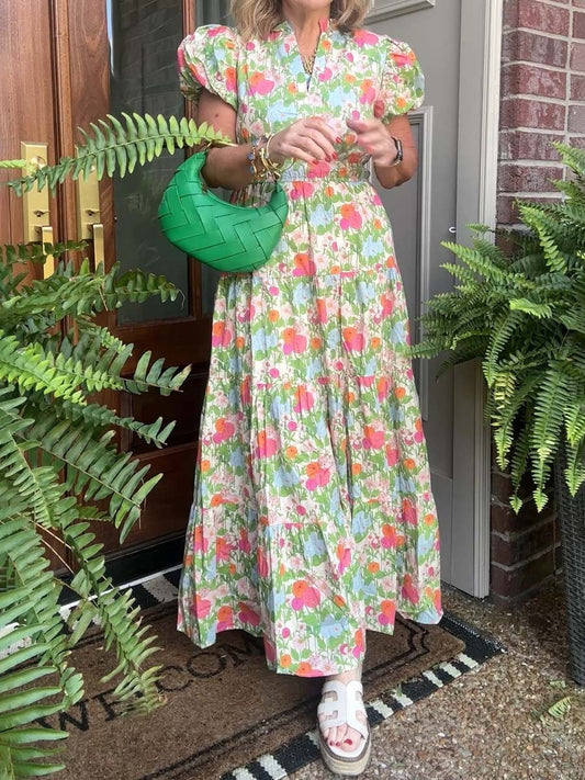 Floral Print Band Collar V-neck Elastic Waist Dress