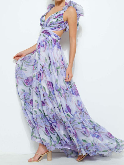 Printed Ruffled Sleeveless Lace-Up Dress