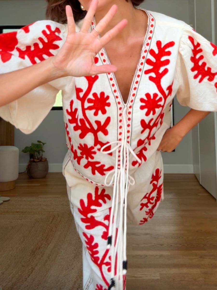Embroidered Lace-up 2-piece Set