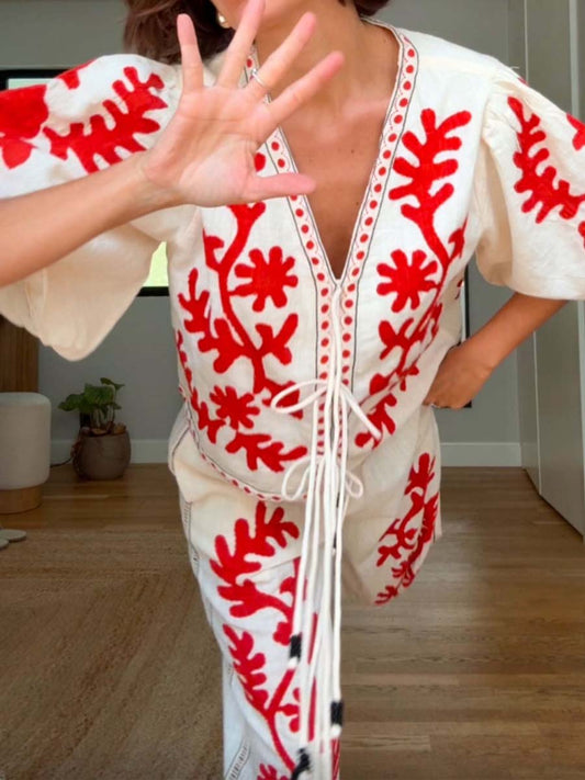 Embroidered Lace-up 2-piece Set