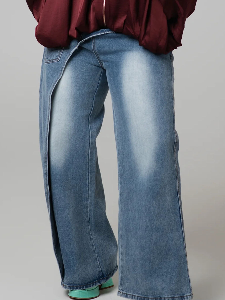 Criss-cross Front Waistband Denim Straight Pants