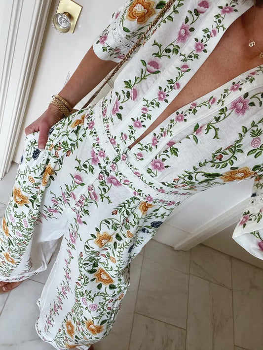 Deep V Neck Floral Print Jumpsuit