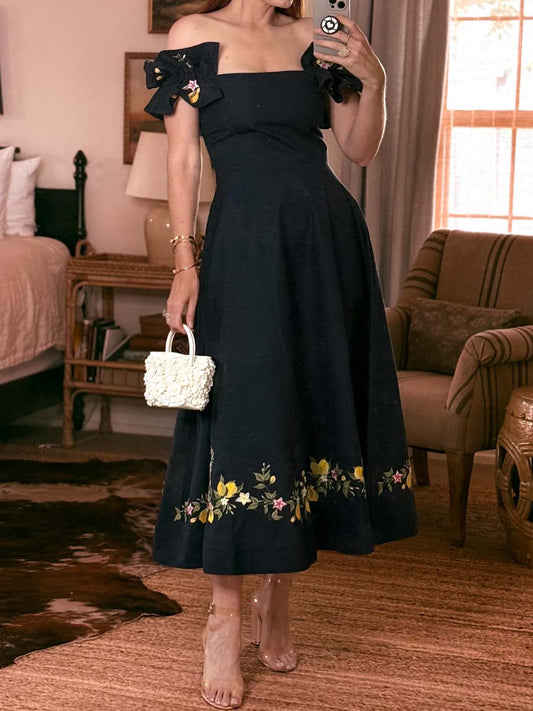 Floral Embroidery Off Shoulder Ruffled Dress