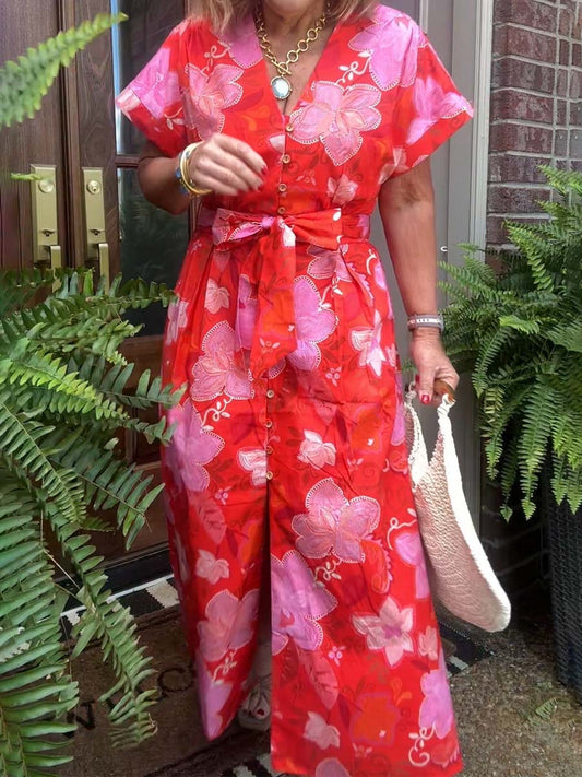 Floral Print V-neck Button-front Belted Dress