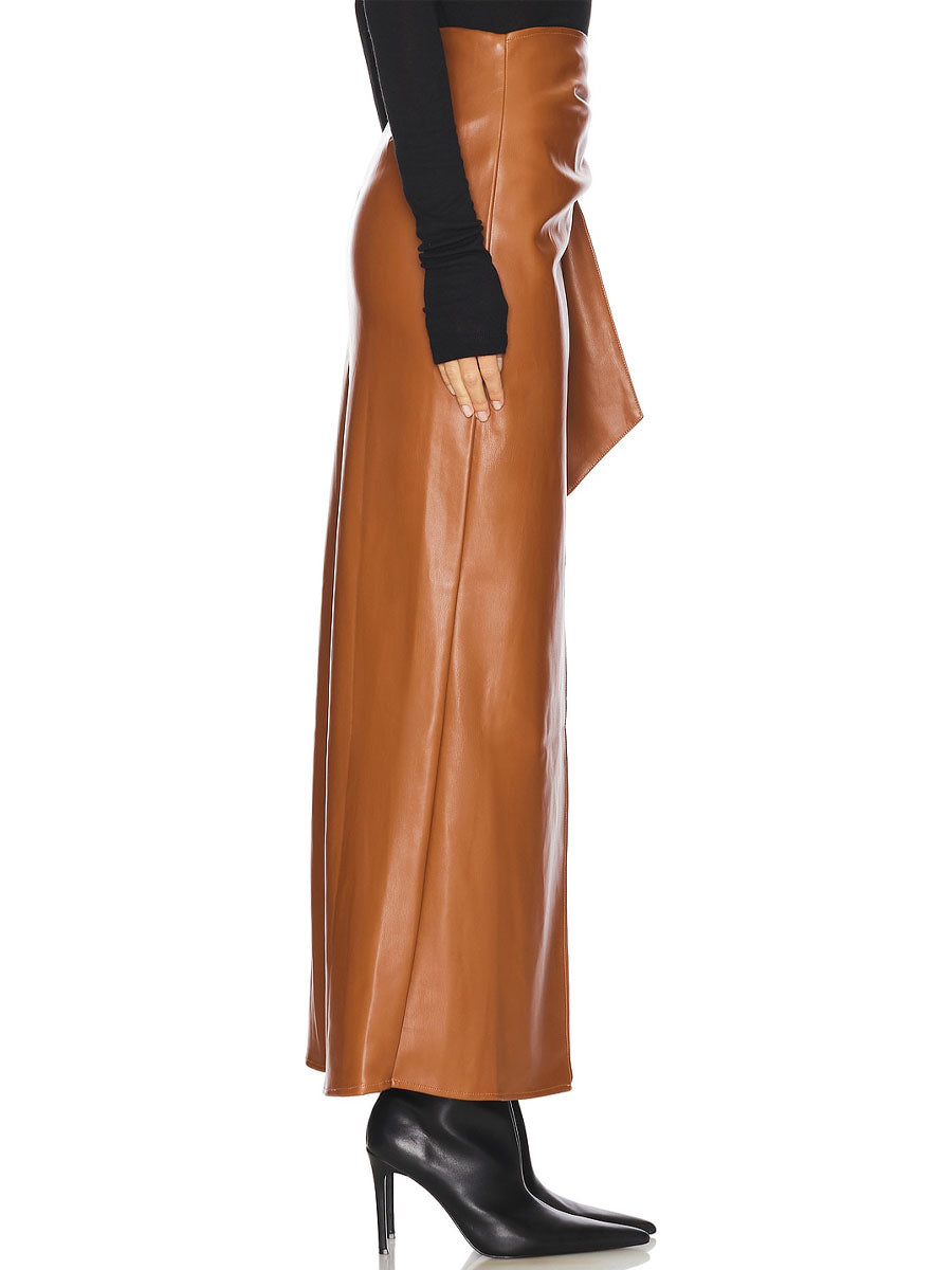 Side Drape Waist Tie Accent PU Skirts