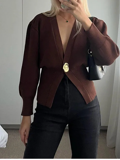 V-Neck Button-Knit Cardigan Sweater