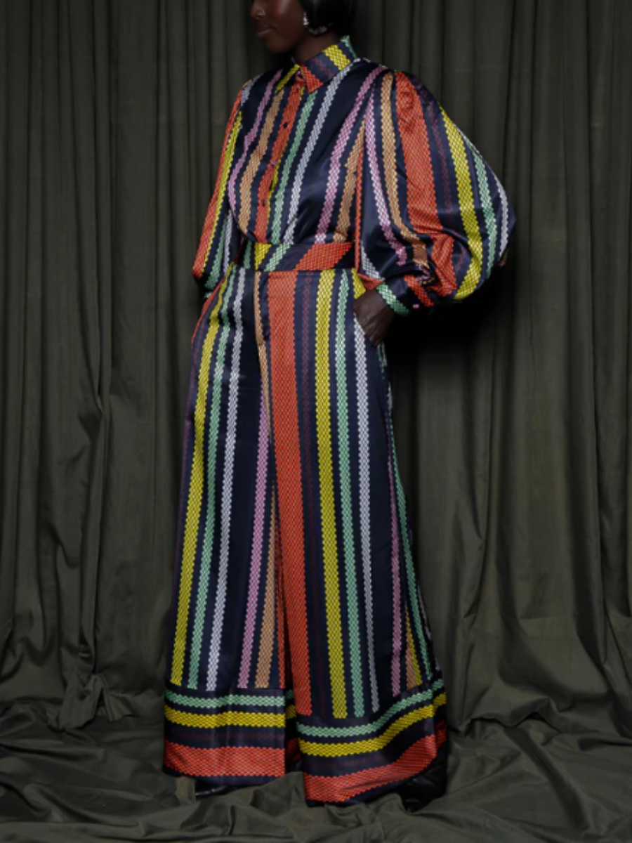 Multicolor Diamond Vertical Stripe Backless Pants Suit