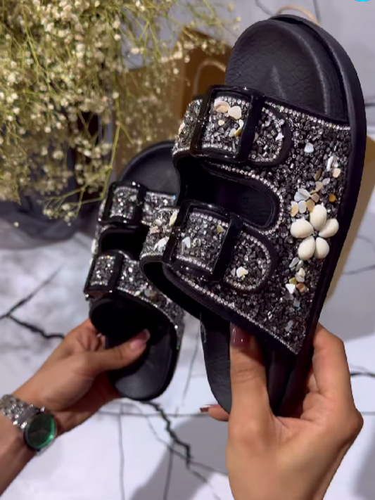 Rhinestone Metal Buckle Flat Sandals
