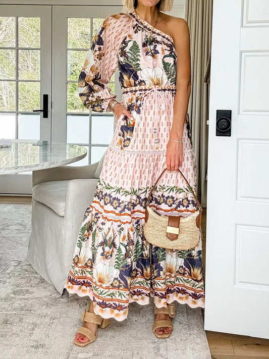 One-shoulder Drawstring Waist Printed Maxi Dress
