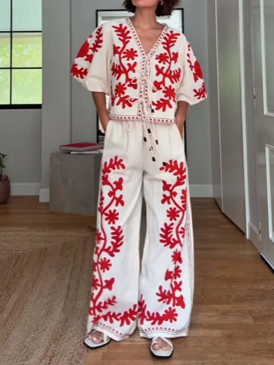 Embroidered Lace-up 2-piece Set