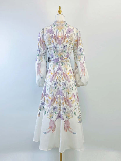 Single-breasted Placement Print Belted Dress