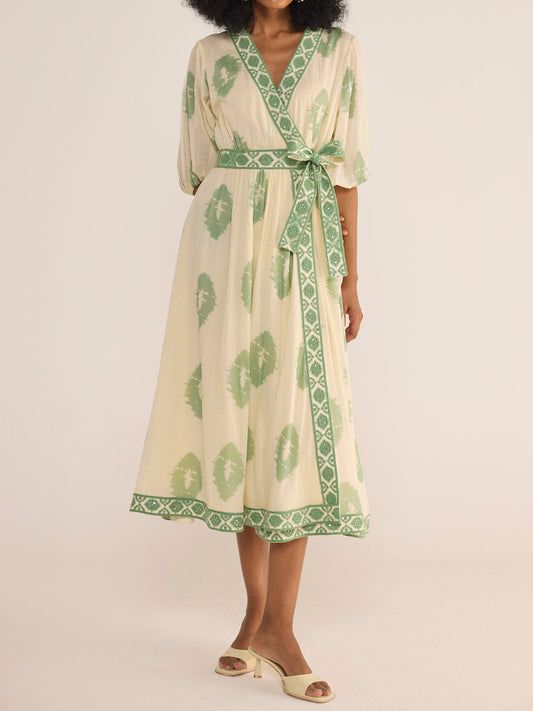 Printed Belted V Neck Wrap Dress