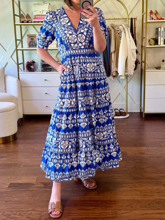 Elegant Printed V Neck Puff Sleeve Dress