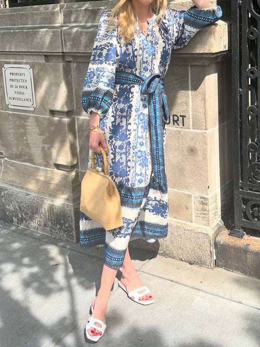 Split Neck Printed Long Slleve Mai Dress