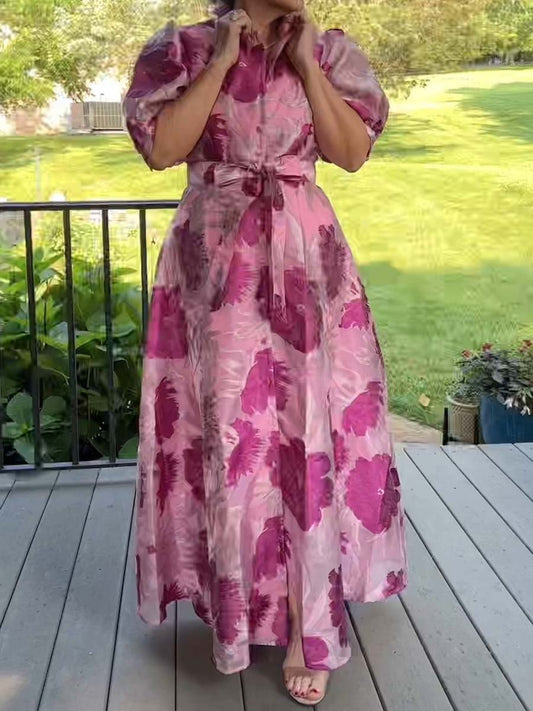 Elegant Printed Short Sleeve Belted Dress