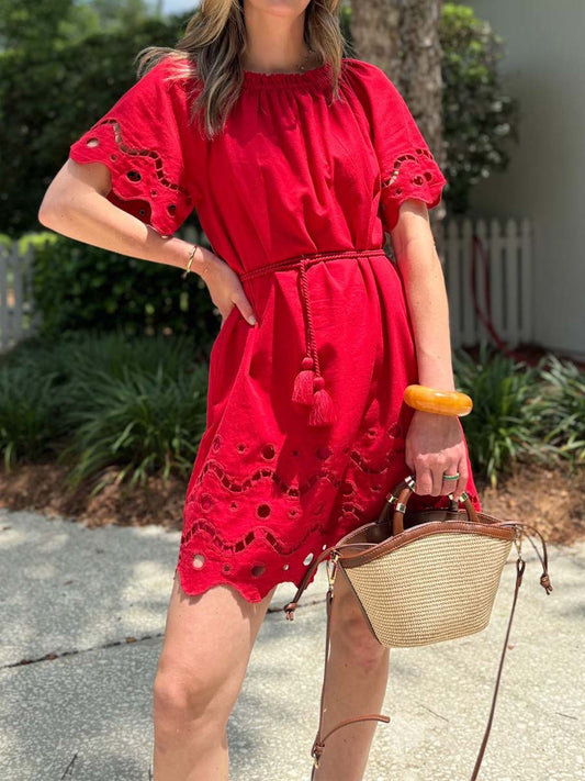 Elastic Neck Embroidered Eyelet Mini Dress