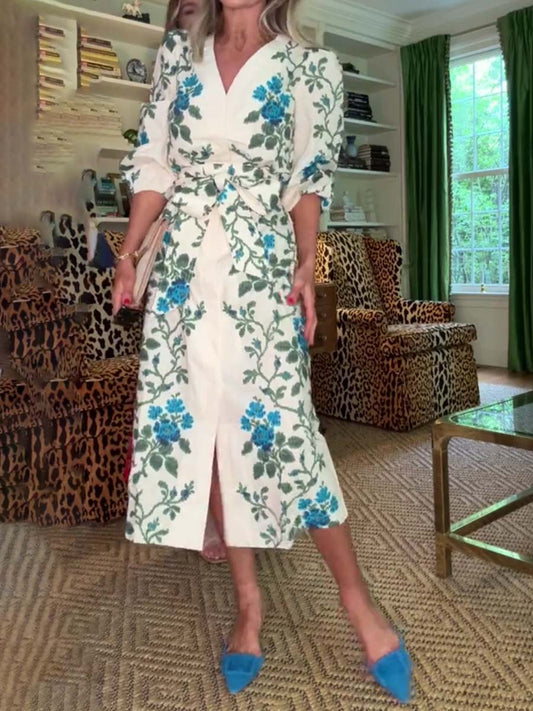 Printed V Neck Puff Sleeve Dress