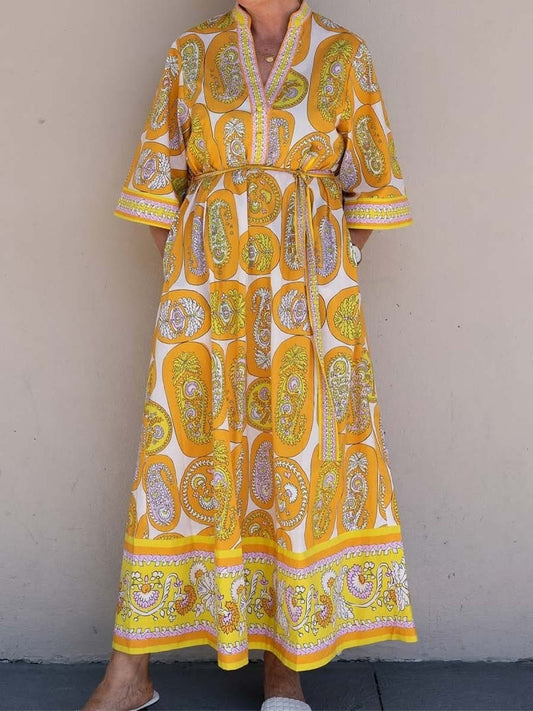 Printed Belted V Neck Maxi Dress