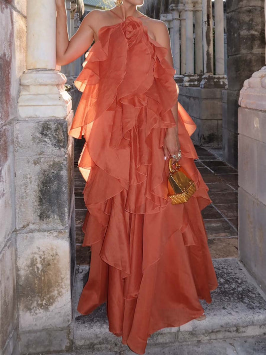 Halter Neck Layered Ruffles Maxi Dress