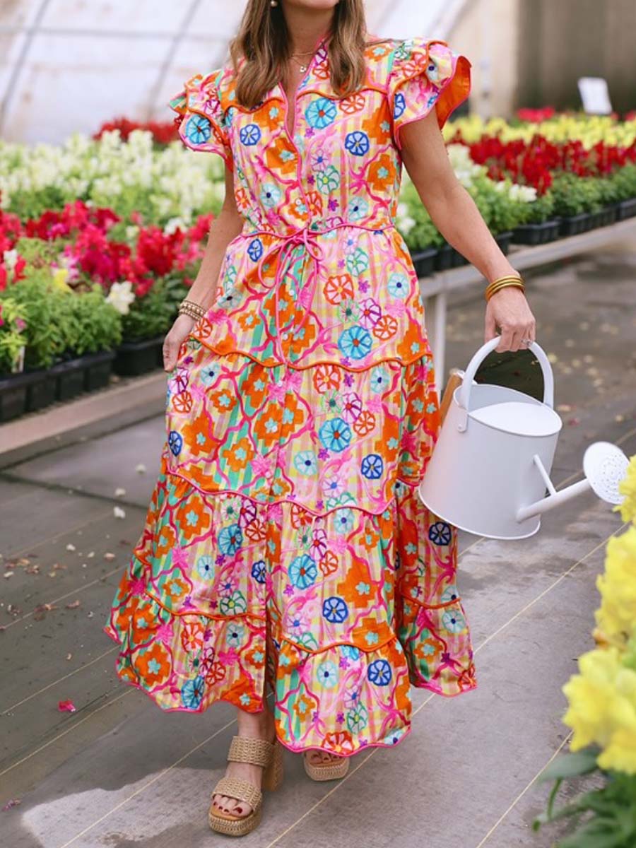 Ruffled Sleeve V Neck Printed Maxi Dress