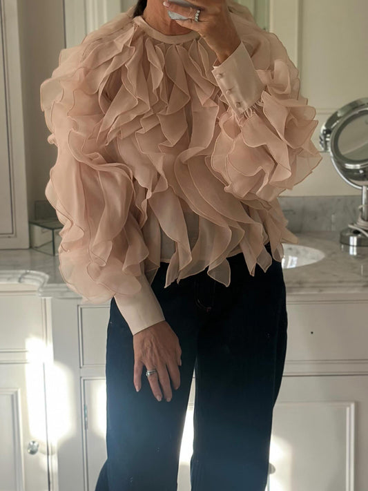See-through Flouced Long Sleeve Blouse
