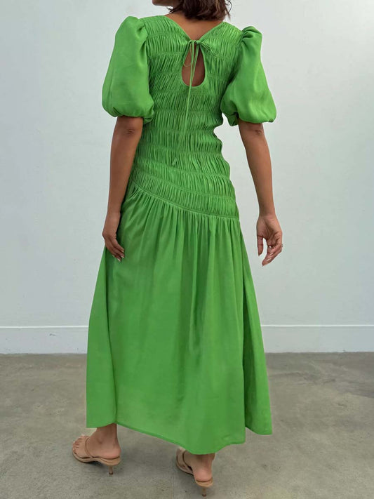 Elastic Shirring Tie Neck Dress