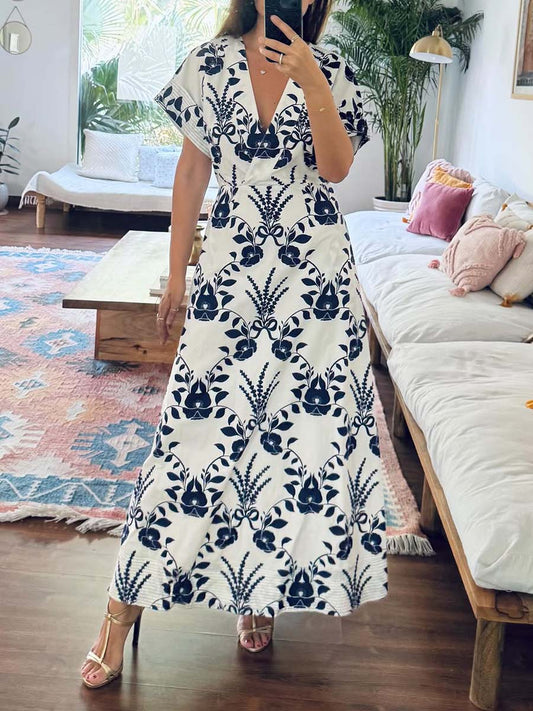 Printed V-neck Belted Maxi Dress