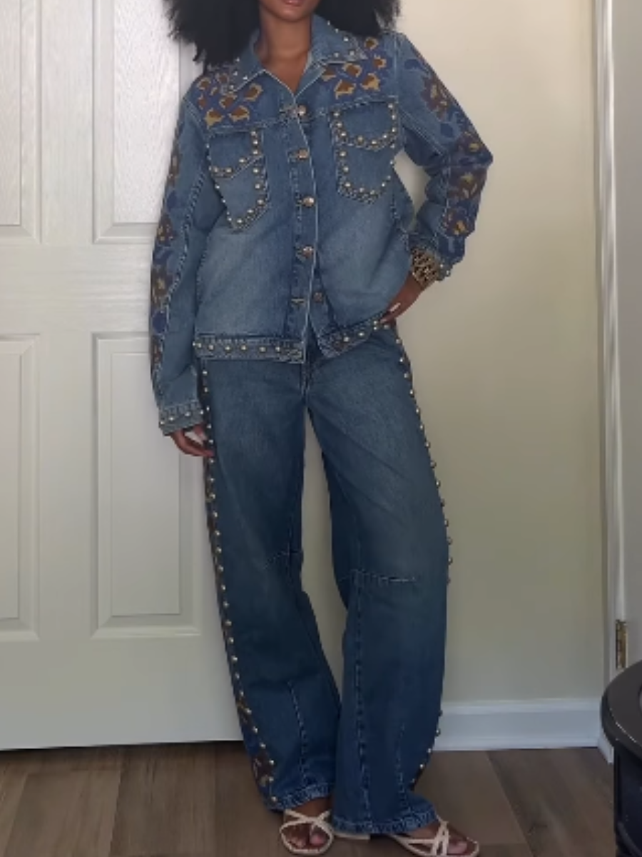 Studs Metal Denim Embroidered Suit