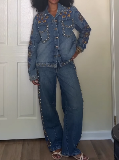 Studs Metal Denim Embroidered Suit