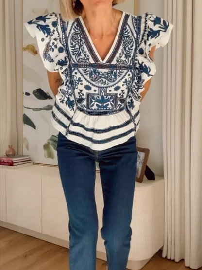 Flutter-Sleeve Embroidered Babydoll Blouse