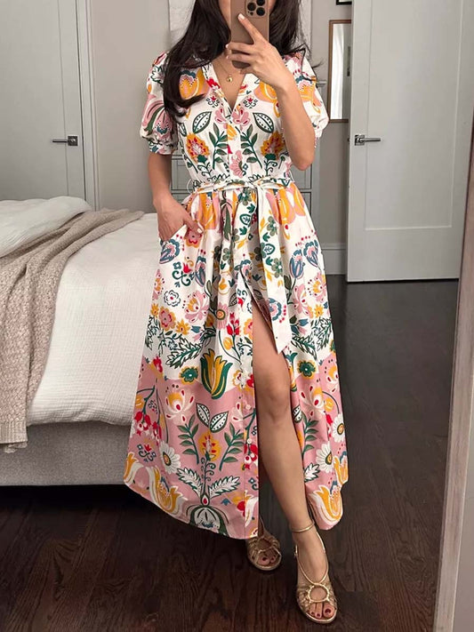 Printed Short Sleeve Midi Dress
