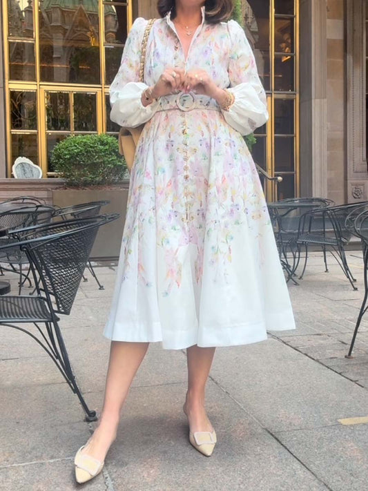 Single-breasted Placement Print Belted Dress